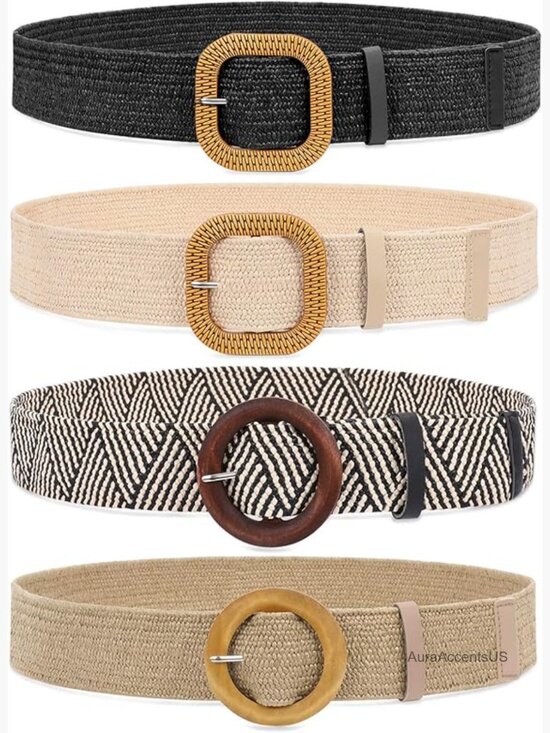 Set of 3/4 Straw Woven Elastic Stretch Waist Belts for Women, Boho Skinny Dress main image 6